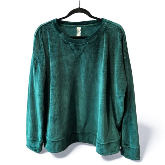 Lou & Grey Ribbed Velour Sweatshirt Forest Green Stretchy Crewneck Size XL - Picture 3 of 6